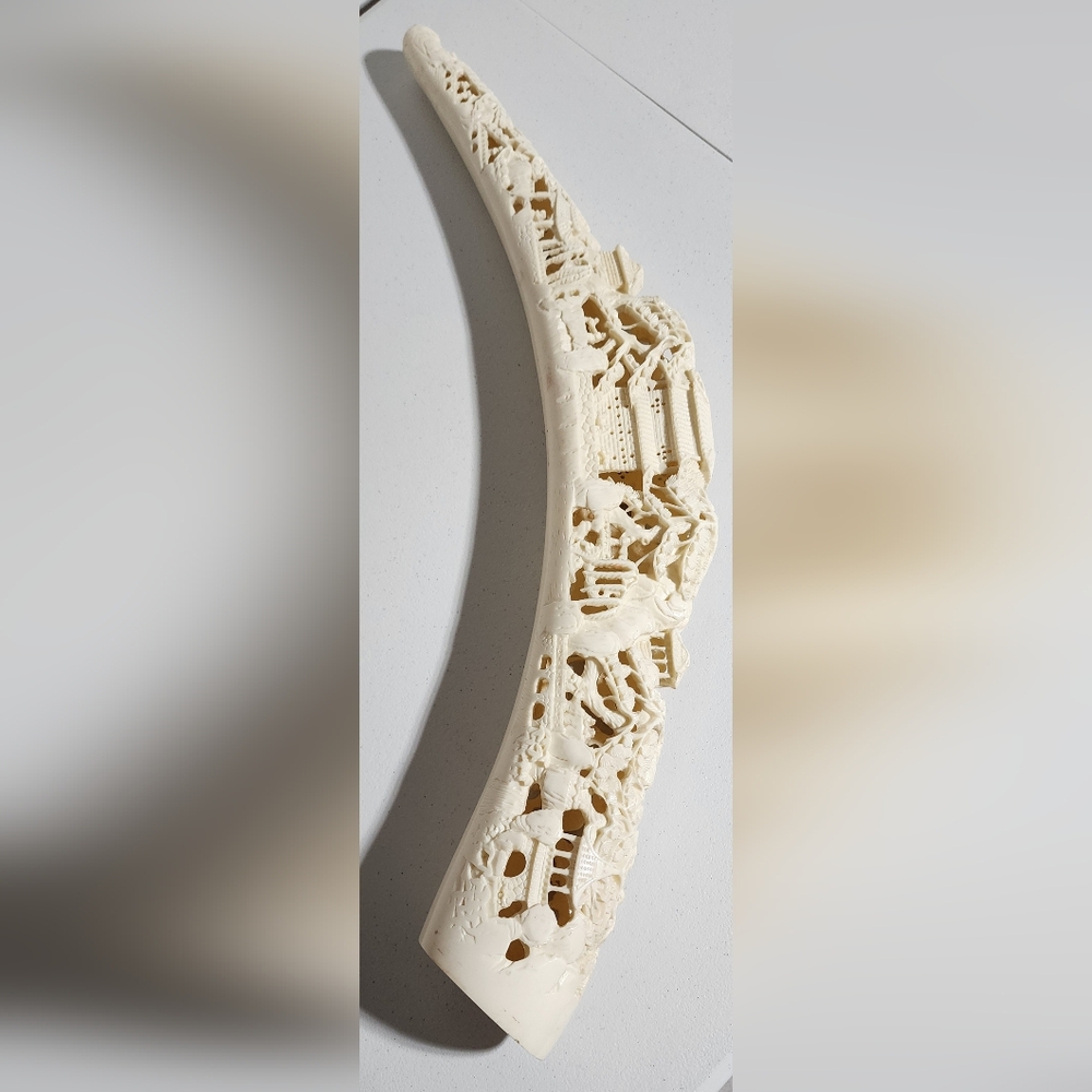 Vintage 31" Chinese Faux Ivory Carved Tusk Landscape Pagodas Mid-Century - Picture 16 of 16